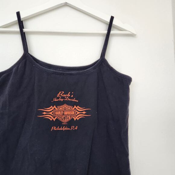 Y2K Harley Davidson Black Tank Top Spaghetti Strap Barb’s Philadelphia M/L Biker - Picture 5 of 6